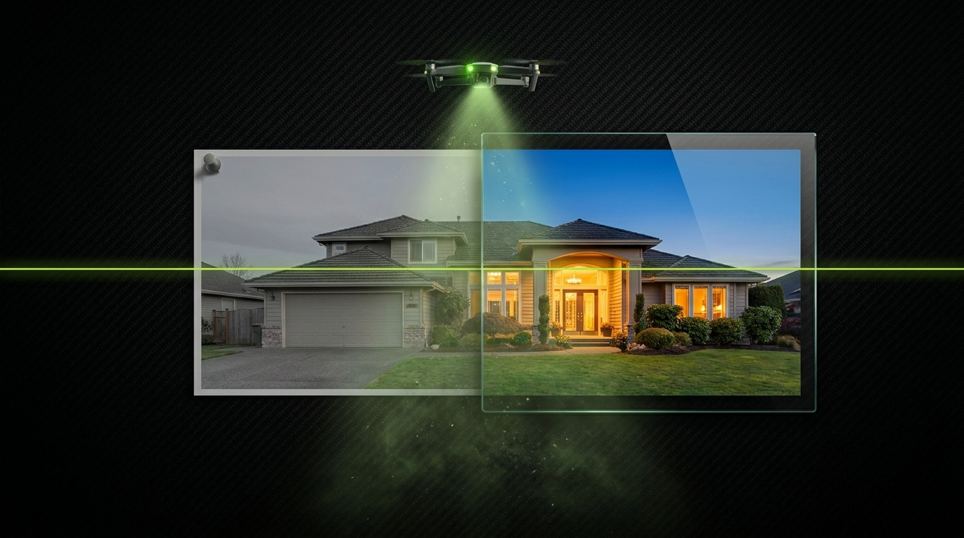A flat, unedited listing photo on the left and the same frame with the REB look on the right